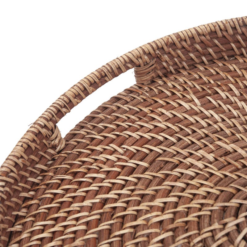DECRAFTS Round Rattan Woven Serving Tray with Handles Ottoman Tray for Breakfast, Drinks, Snacks for Coffee Table, Home Decorative (Honey Brown, 13.8"x2") - Image 4
